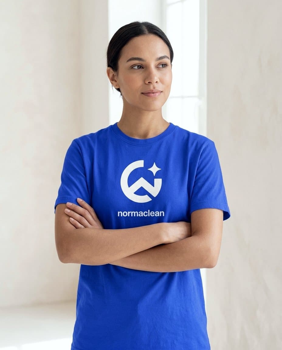 Profissional da Norma Clean com a t-shirt azul da marca