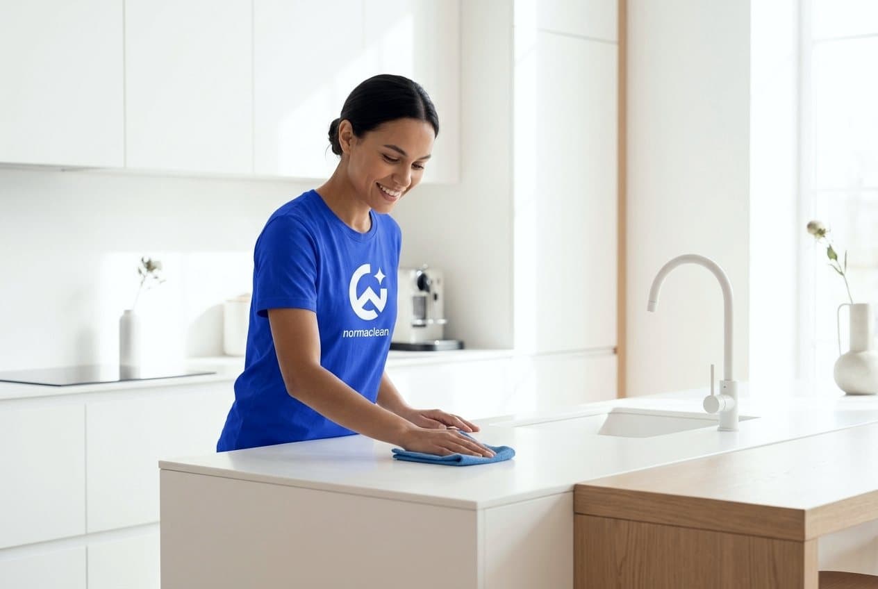 Profissional da Norma Clean a limpar uma bancada